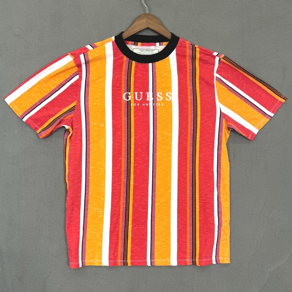 Guess Originals T Shirt Men M Red Orange Striped Cotton Logo Streetwear Retro